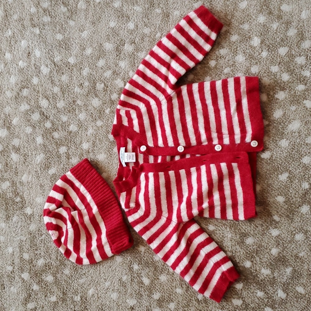 Saks Fifth Avenue Red & White Striped Cashmere Cardigan w/ Matching Hat | 3-6M